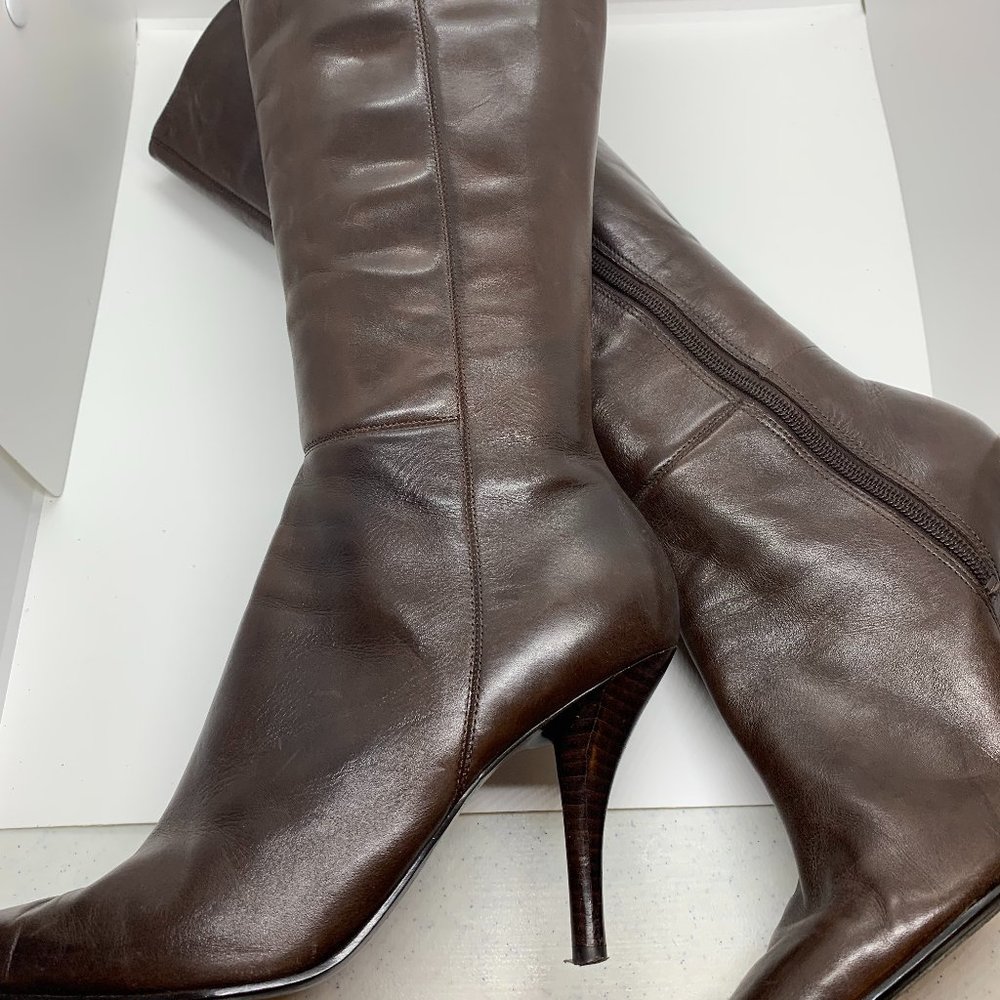 Nine West Faux Brown Leather Point Toe Stiletto Heel Knee High Boots - Size 8